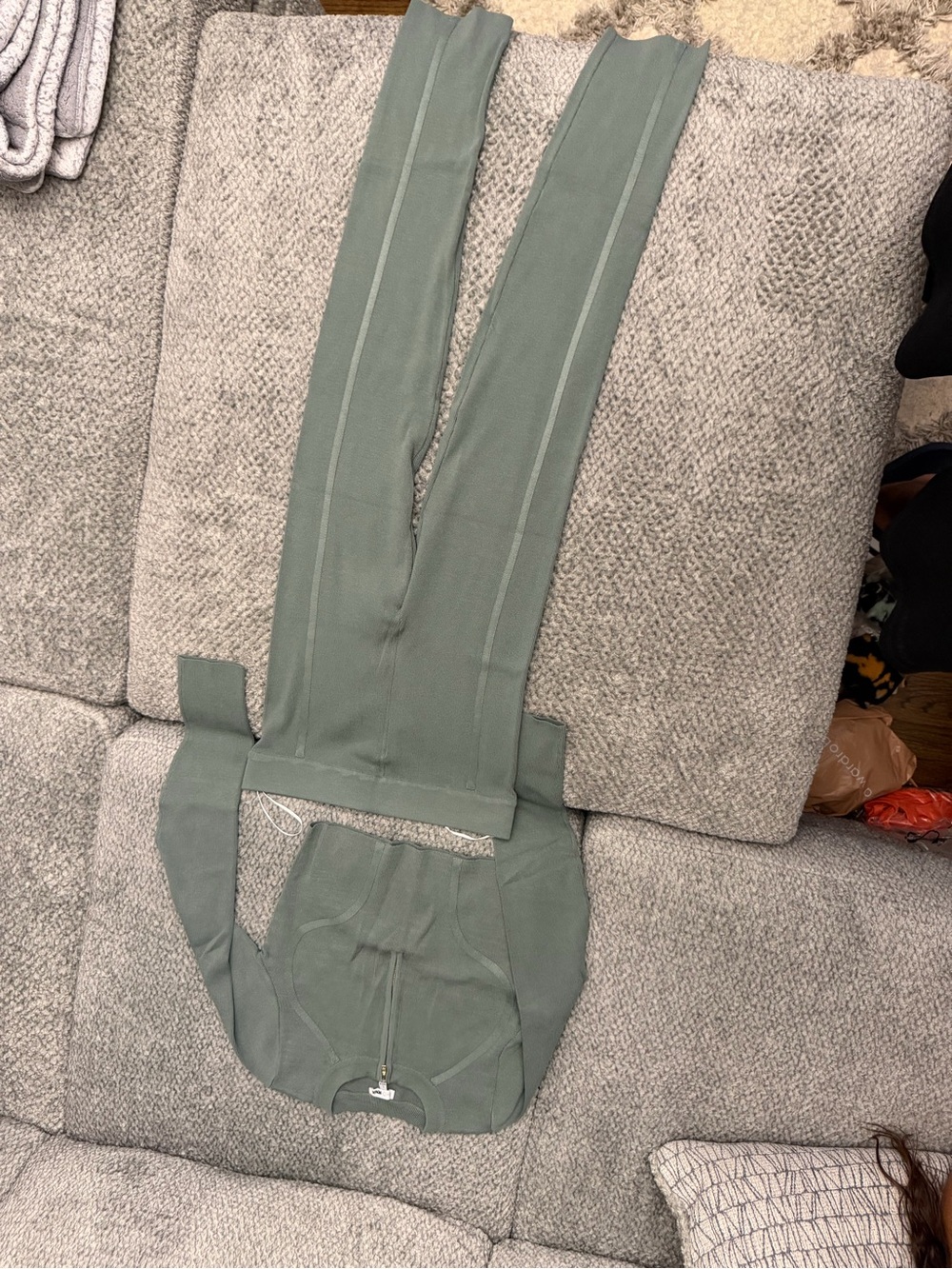 Fashion Nova Sage Green Ribbed Thermal Onesie with Zipper